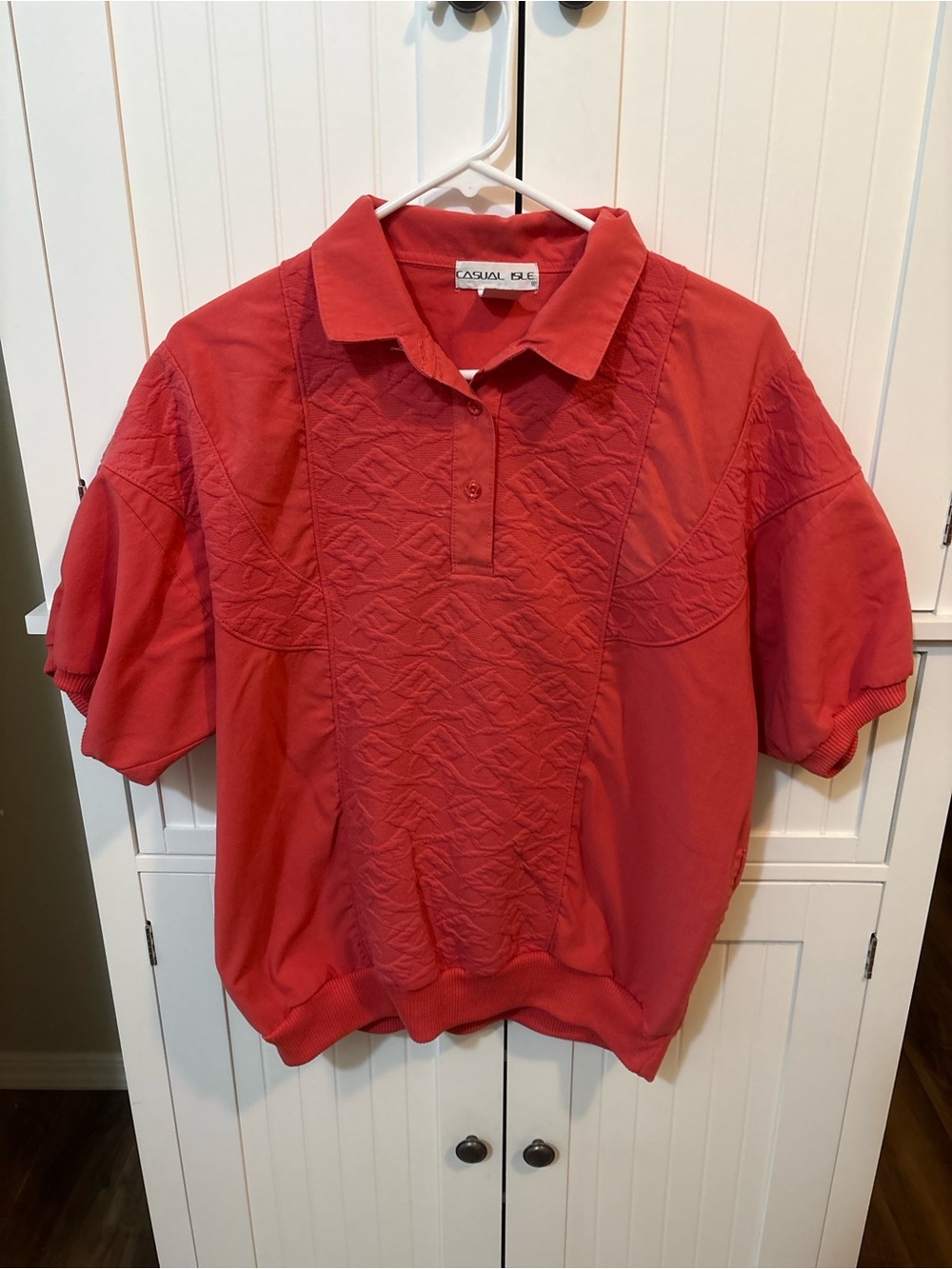 Vintage Casual Isle Coral Red Quilted Pullover Polo Top Size Large Retro 80s